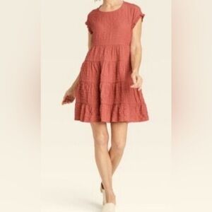 Knox Rose Women's Flutter Textured Tiered A-Line Coral Red Dress - S